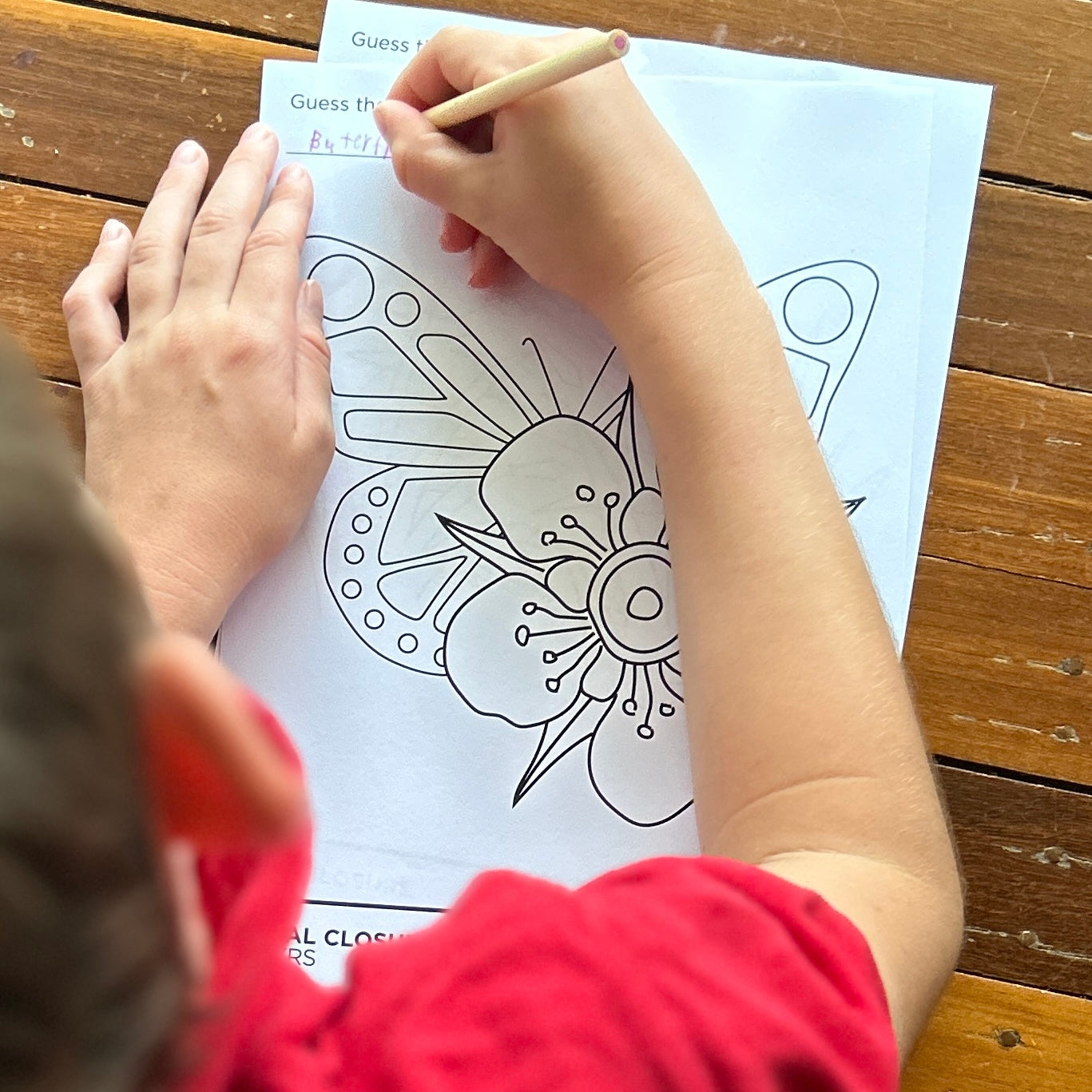 pic of a worksheet with a butterfly and flower with boy writing the word butterfly